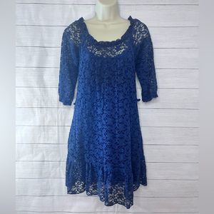 Just Ginger Lace Crochet Sheer 3/4 Sleeve Ruffle Hem Dress With Attached Slip 💗